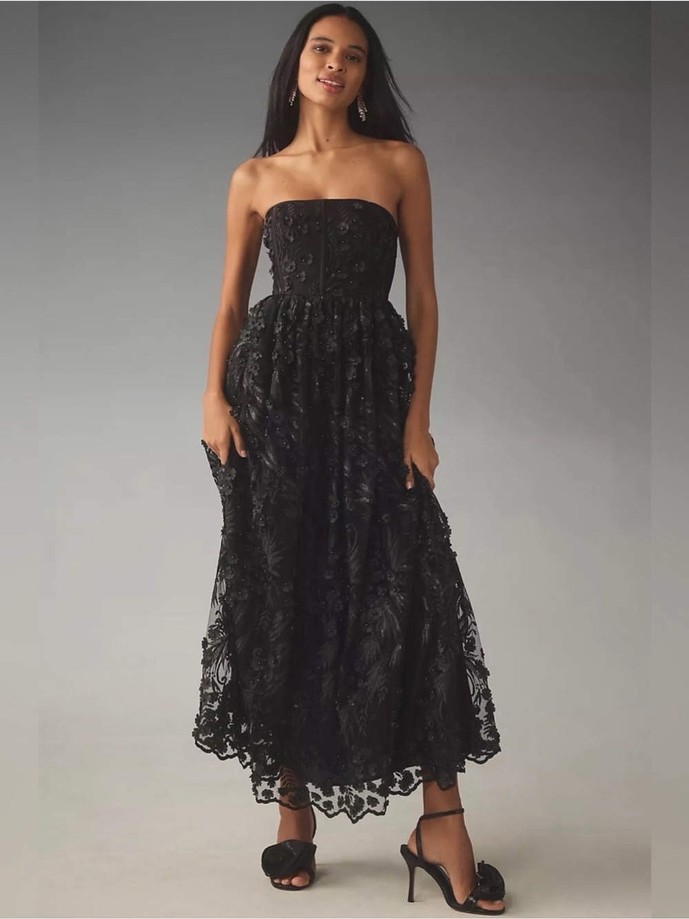 NWT Payal Jain X Anthropologie Strapless
3D Floral Beaded Lace Maxi Dress